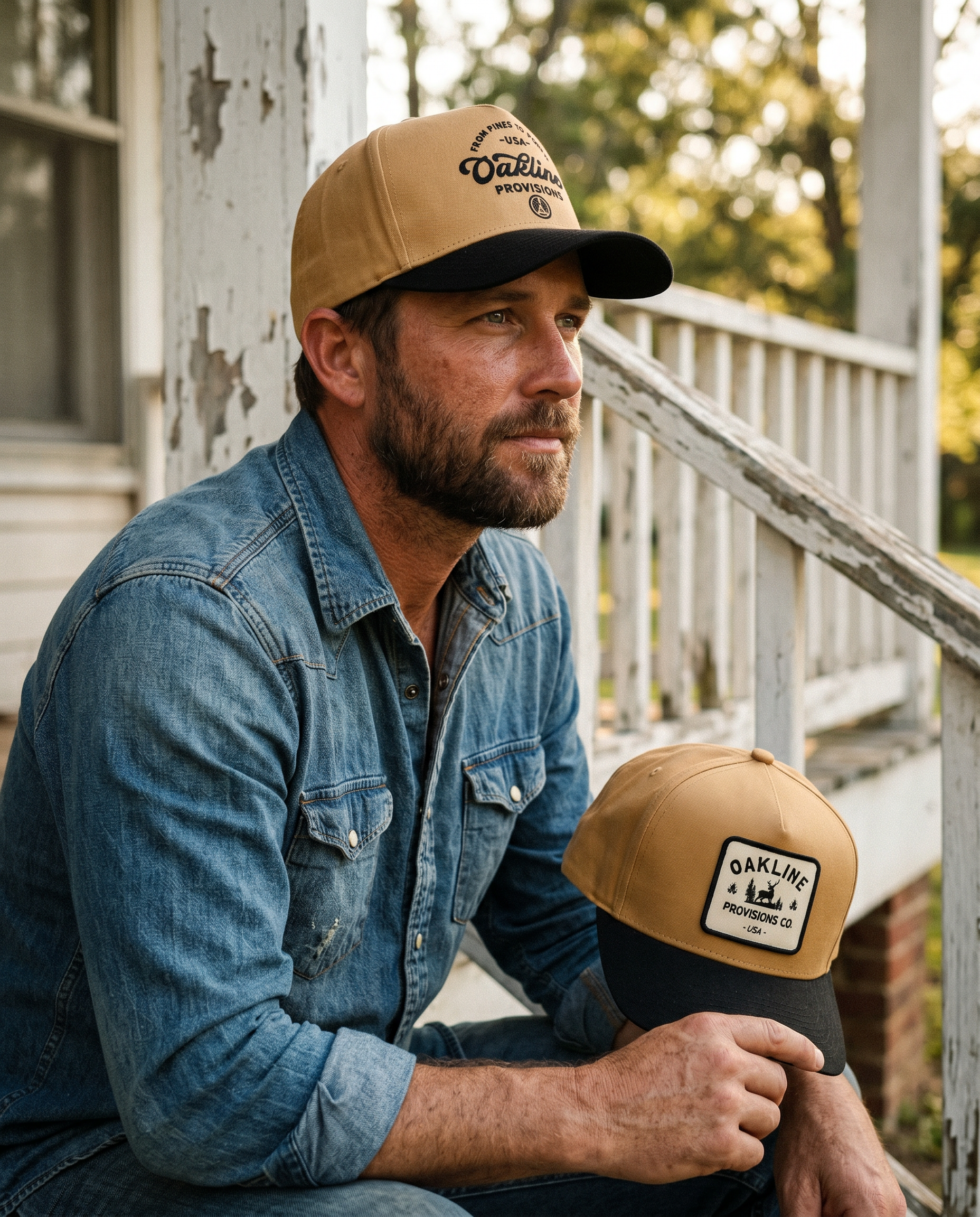 Model wearing Camp Patch cap, holding Buck Patch cap — Brace of Caps