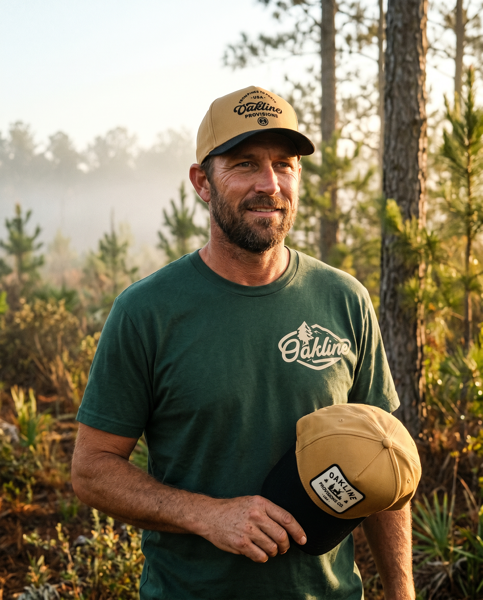 Model wearing The Lease Pack — Green tee + Camp Patch cap, holding Buck Patch cap