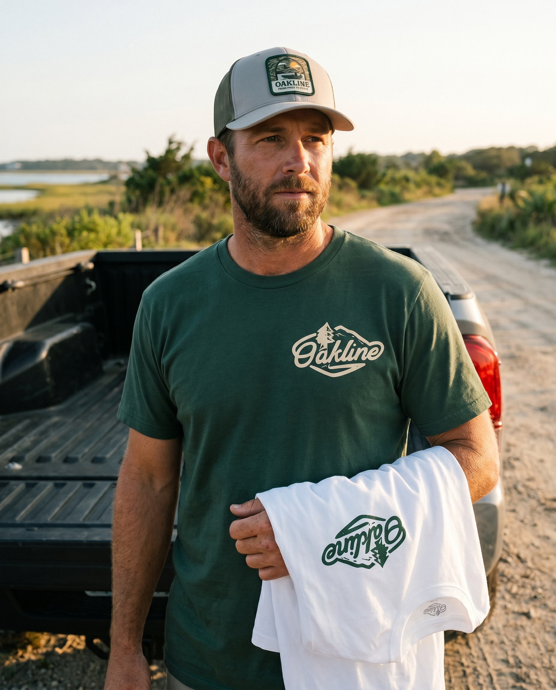 Model wearing The Outpost Pack — Green tee + Trucker cap, holding folded White tee